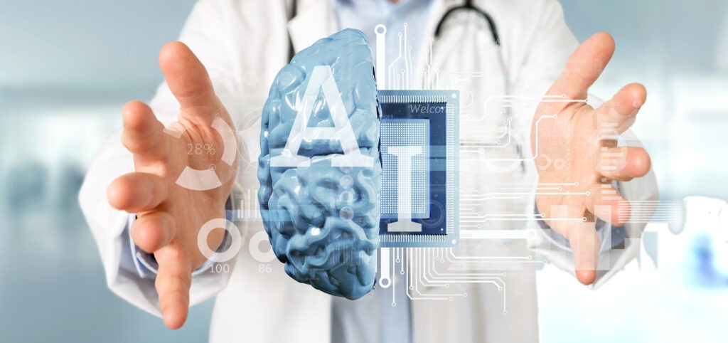 octor holding Artificial intelligence icon with half brain and half circuit 3d rendering