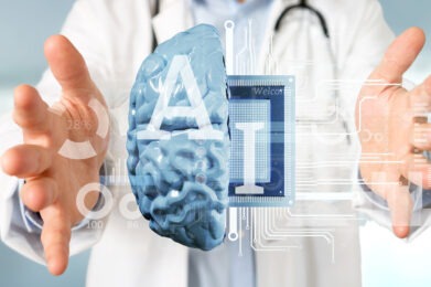 octor holding Artificial intelligence icon with half brain and half circuit 3d rendering
