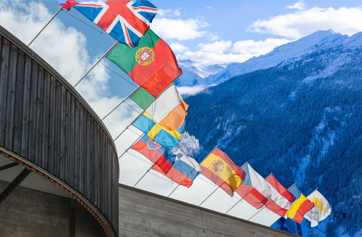 Flags of European countries with mountaing in the background (Davos)