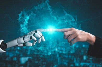 Futuristic robot artificial intelligence enlightening AI technology development and machine learning concept. Global robotic bionic science research for future of human life. 3D rendering graphic.