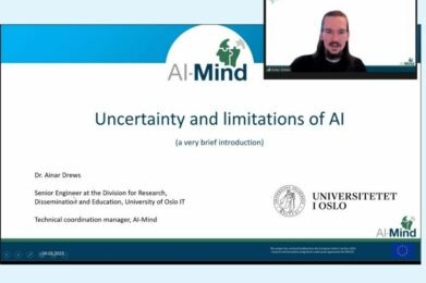 Uncertainty and limitations of AI presentation and picture of a speaker Ainar Andrews