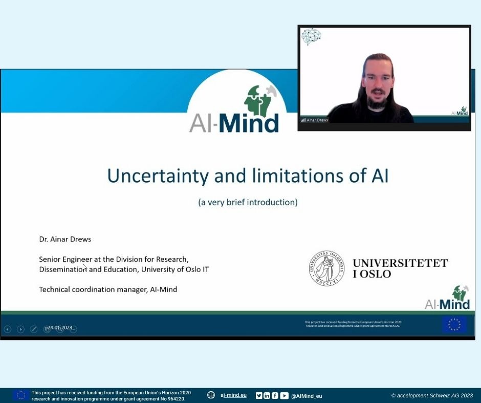 Uncertainty and limitations of AI presentation and picture of a speaker Ainar Andrews