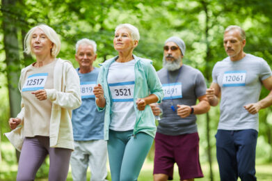 Active senior men and women spending summer day