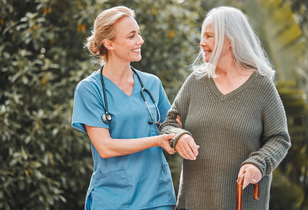 Support care and caregiver walking senior woman