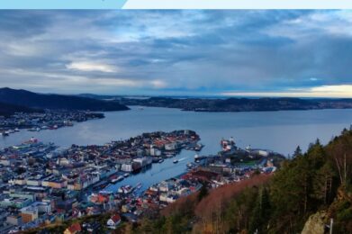 Aerial shot of the peninsula city in Bergen, Norway