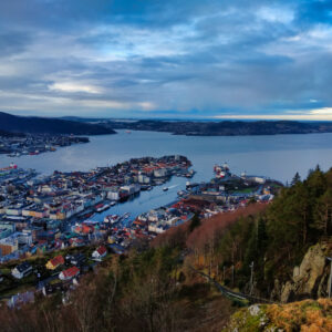 Aerial shot of the peninsula city in Bergen, Norway
