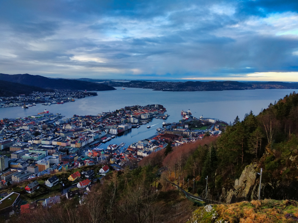 Aerial shot of the peninsula city in Bergen, Norway